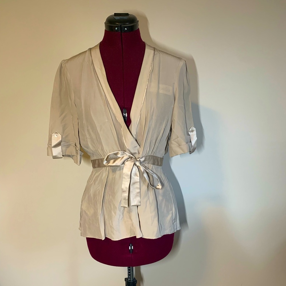 BCBGMaxAzria Silk Wrap Top with Tab Sleeve detail